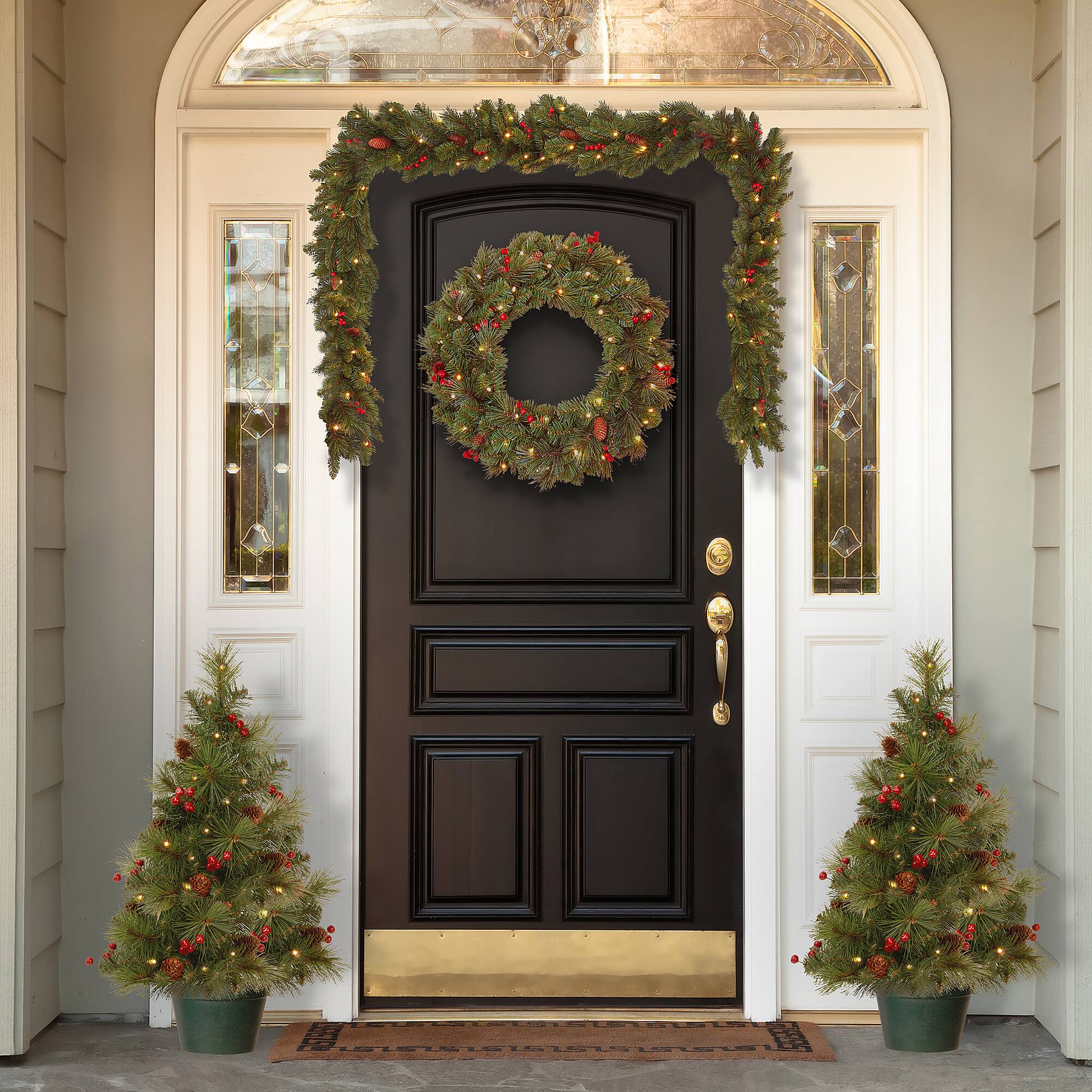 4-Piece Pre-Lit Pinecones & Berries Artificial Christmas Entrance Trees, Garland & Wreath, Warm White LED Lights